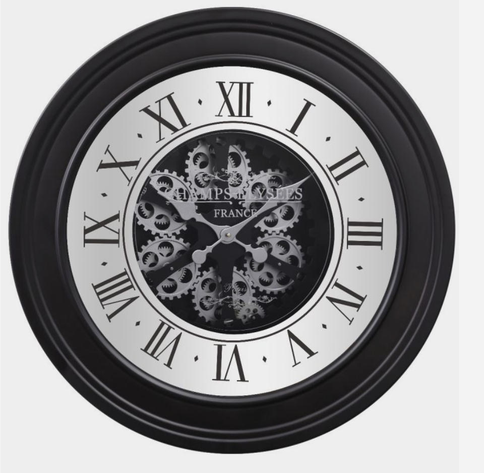 80cm Round French Mirrored Industrial Exposed Moving Gear Wall Clock